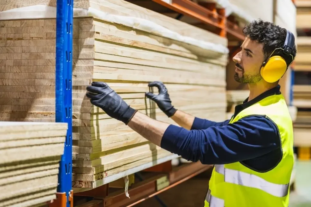 looking at timber planks in lumberyard