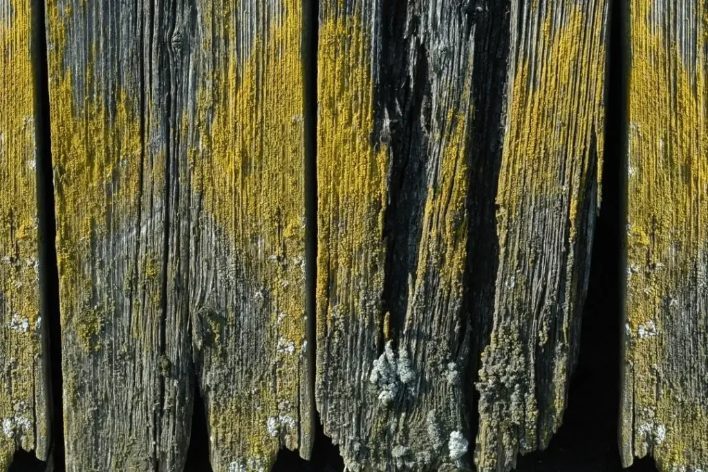 rotting timber fence with fungus